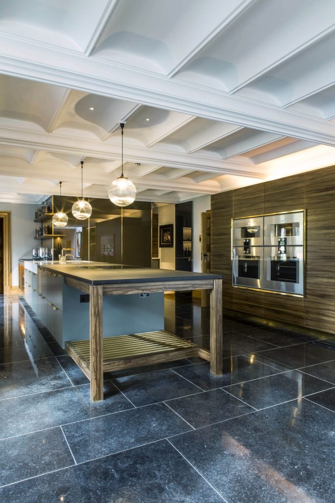 Contemporary kitchen with classical plaster ceiling