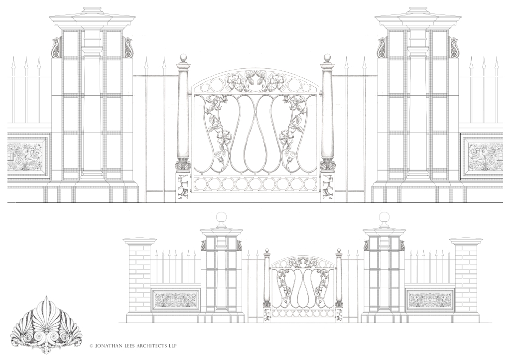 Arts and Crafts Gate and Piers Design for garden entrance with stone piers