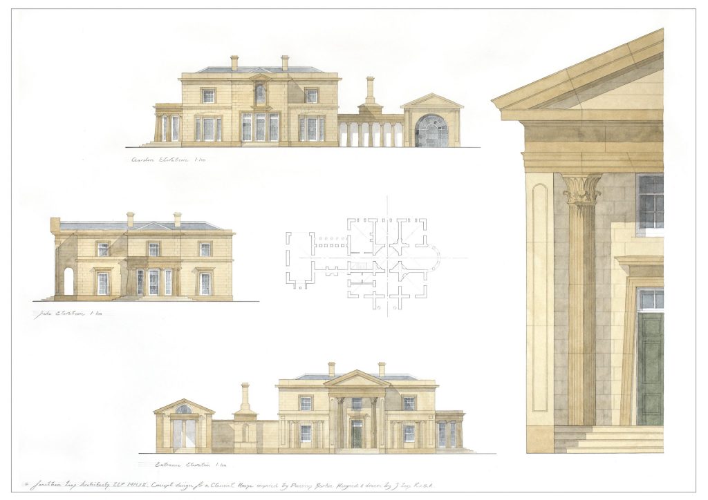 Classical House Design Watercolour Classical buff stone house design