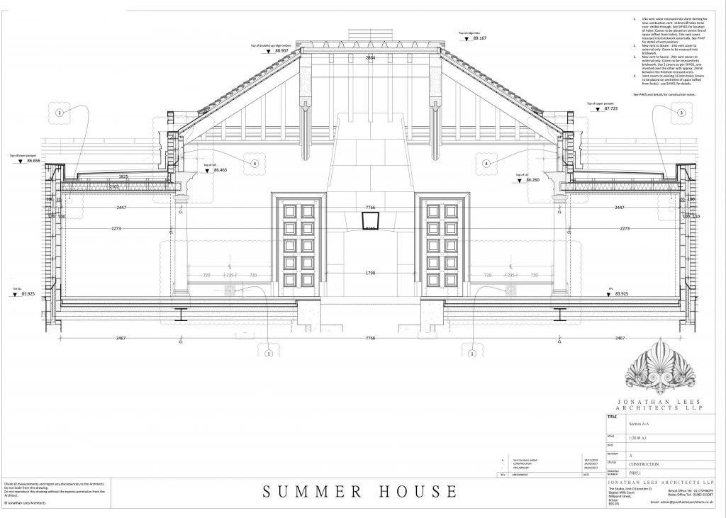 Section drawing through classical summerhouse and spa building