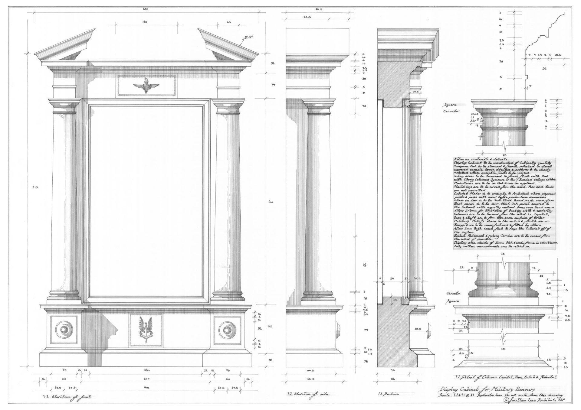 Pen and Ink technical drawing of medal cabinet design