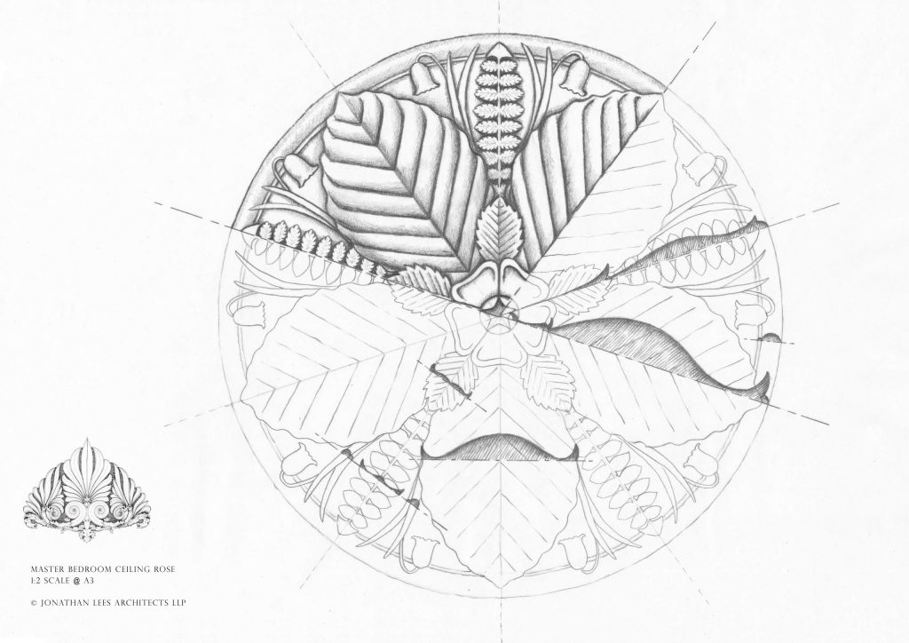 Ceiling rose design for master bedroom in country manor Bespoke Arts and Crafts ceiling rose drawing design
