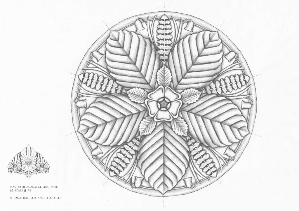 Plaster Ceiling Rose Drawing Bespoke plaster ceiling rose with British leaves and flowers