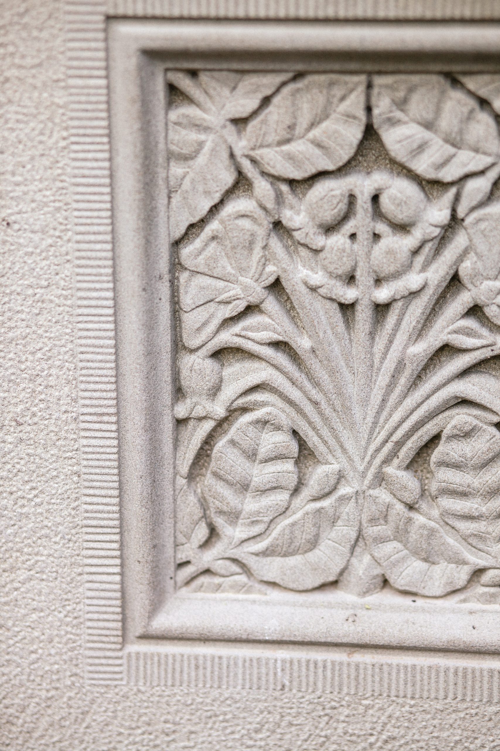 Stone carving of beech leaves and dog roses