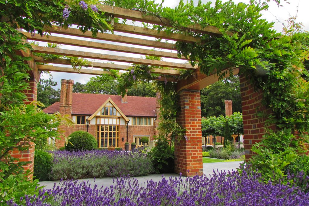 Garden Pergola and Wisteria Arts and Crafts brick and Oak loggia design