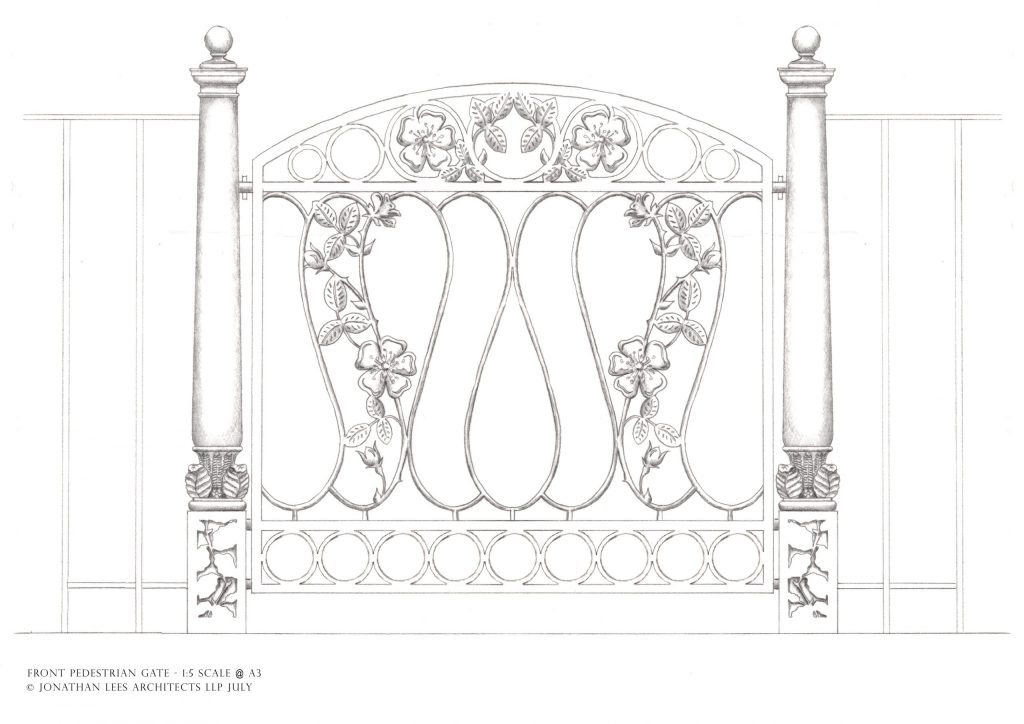 Ornate metal garden gate design with leaves