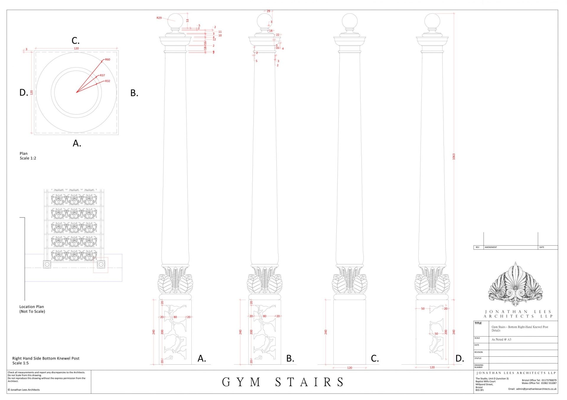 Metal newel post for Arts and Crafts metal staircase