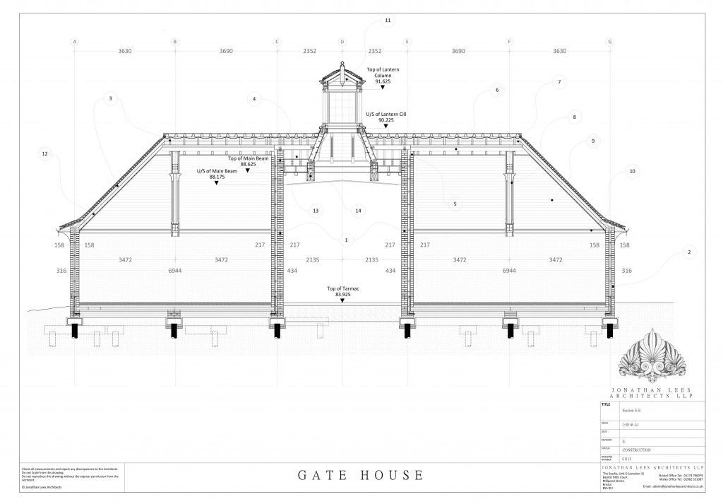 Brick and Oak Gatehouse detail drawing Drawing of Arts and Crafts car port with Oak lantern