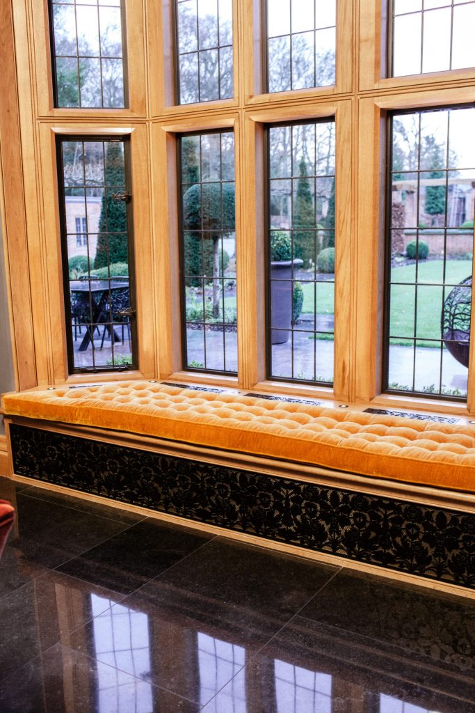 Black metal grill for Oak window seat Black metal heating grill for window seat