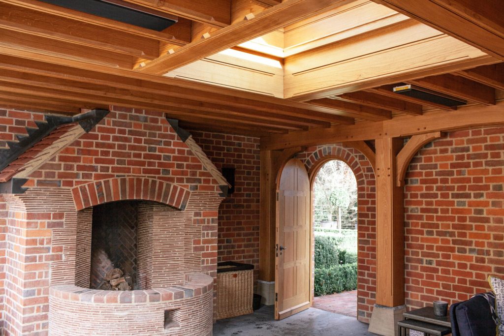 Covered Garden Pergola and Outdoor Fireplace Outdoor fire pit and garden fireplace in Arts and Crafts garden