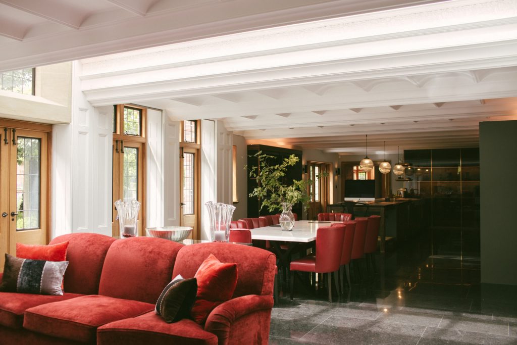 Classical moulded plaster ceiling in country house kitchen