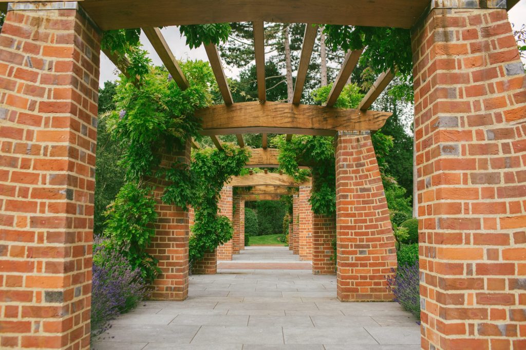 Brick and Oak garden pergola Brick and Oak garden pergola in Arts and Crafts garden
