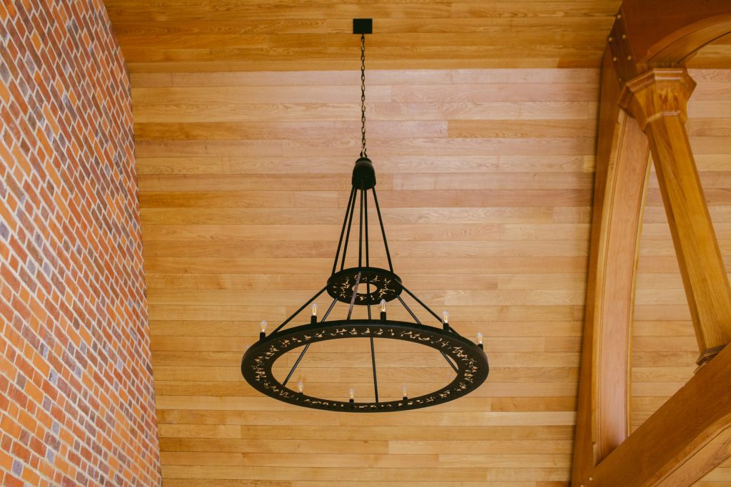 Bespoke large metal pendant light for Oak frame