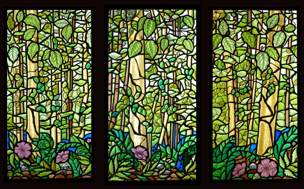 Woodland stained glass window triptych