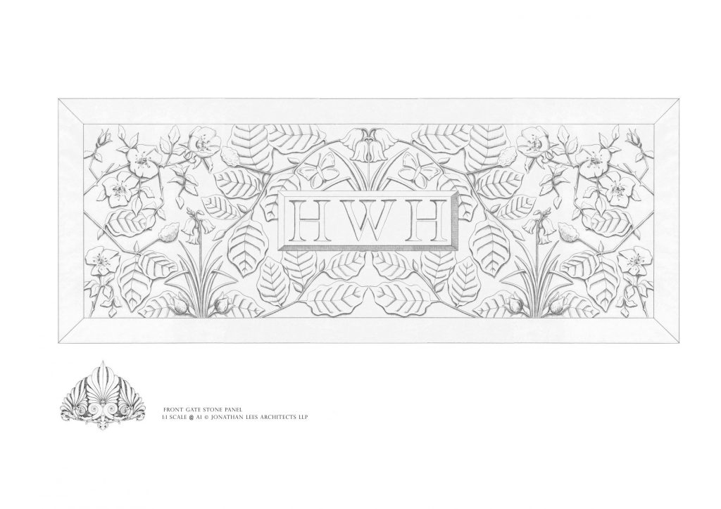 Ornate stone carving with British flora and Fauna