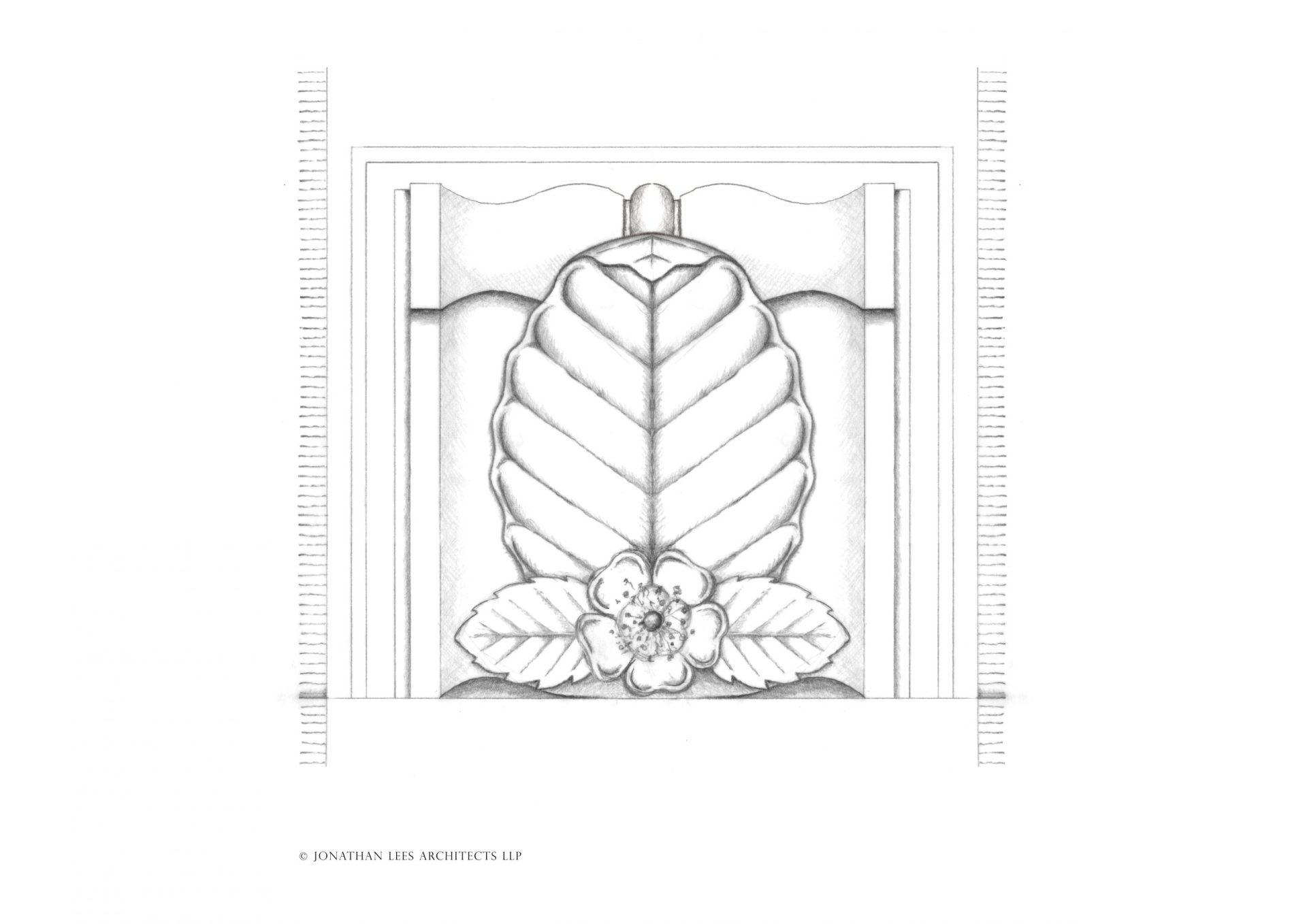 Stone Carving pencil drawing for design of gate pier corbels Dog rose and beech leave stone carving design