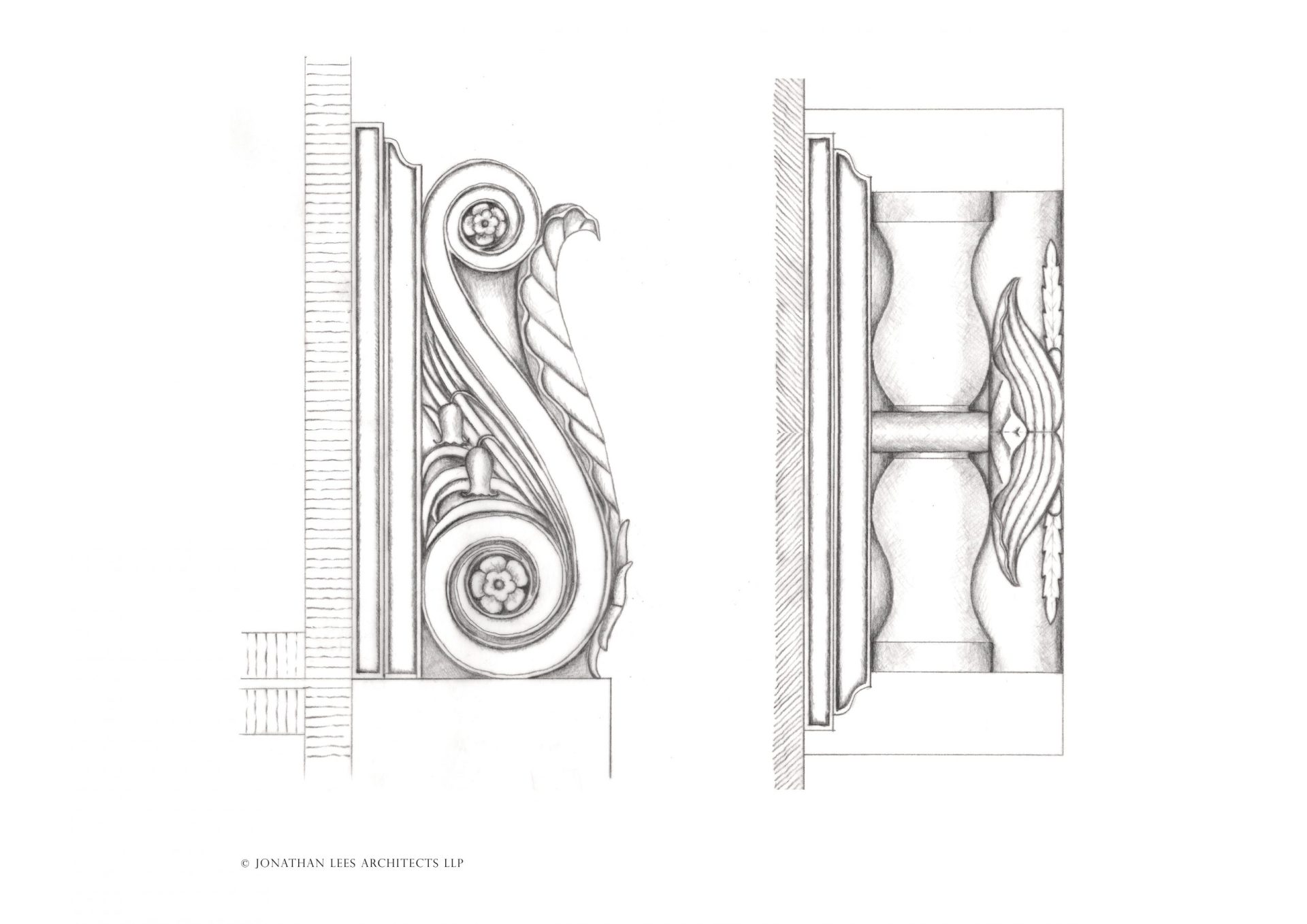 Stone Carving pencil drawing for design of gate pier corbels Dog rose and beech leave stone carving design