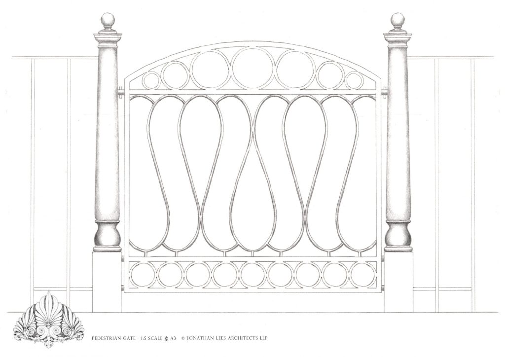 Metal Garden Gate Sketch Bespoke garden gate design and brick buttress
