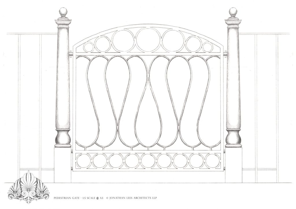 Bespoke garden gate design and brick buttress