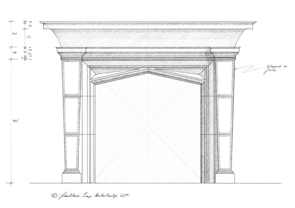 Classical stone fireplace design pencil drawing