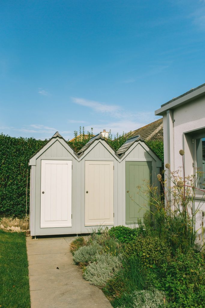 Seaside storage shed in shape of beach huts