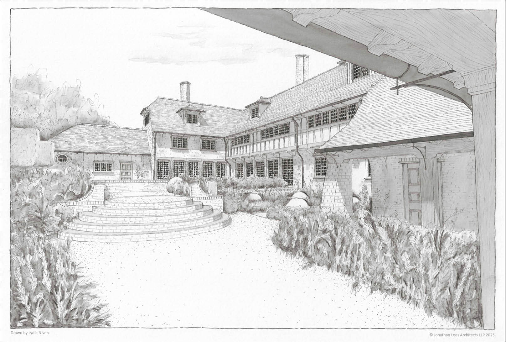 House and garden design in the Arts and Crafts style in Somerset. Painted and drawn in watercolour and pencil by Lydia Niven.