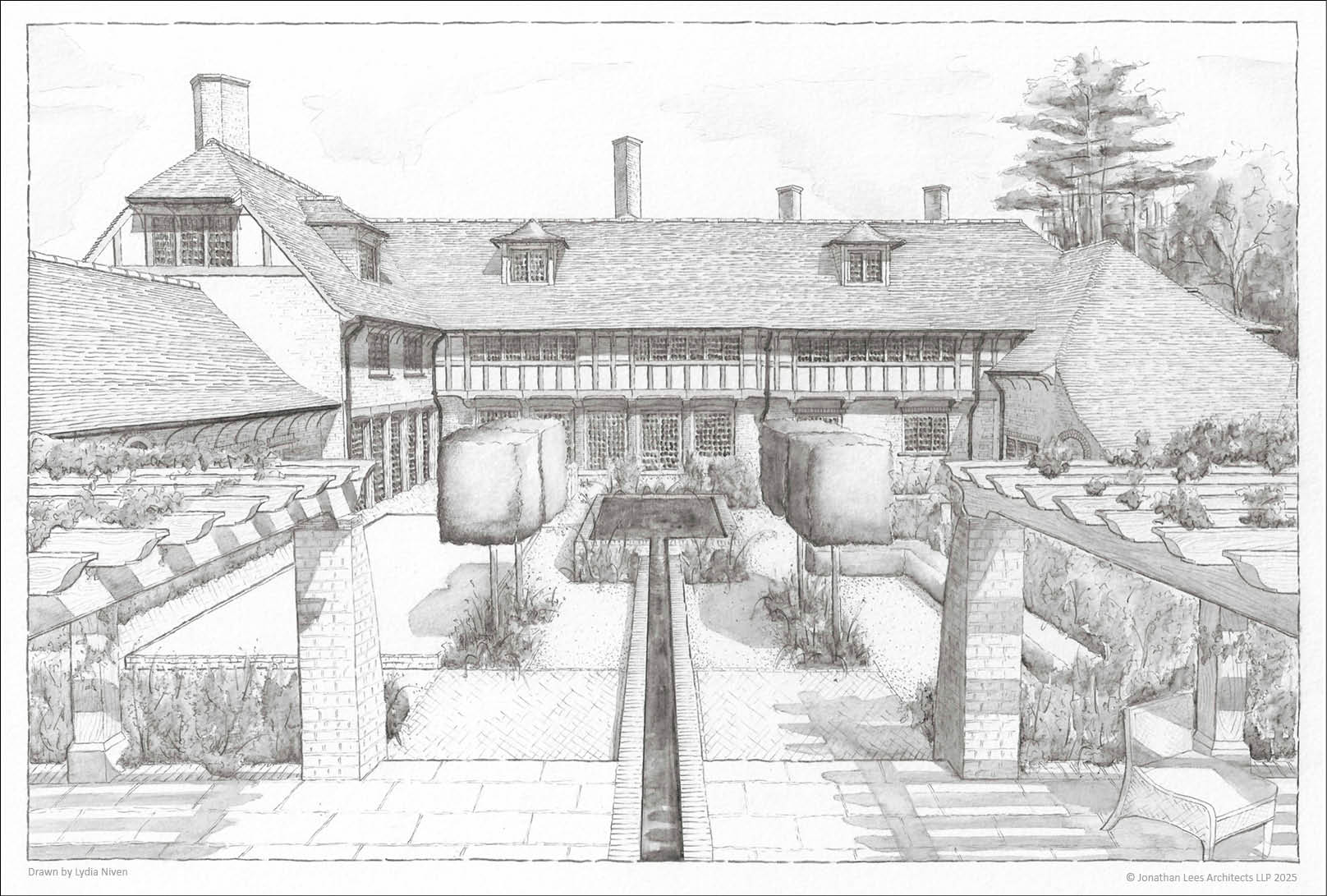 Arts and Crafts country house and garden design in watercolour and pencil. Painted by Lydia Niven.