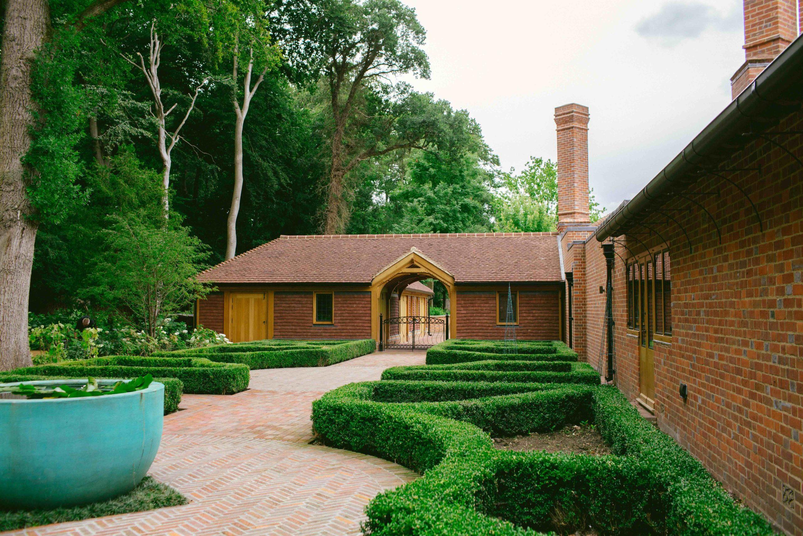 Oak frame building with tile cladding