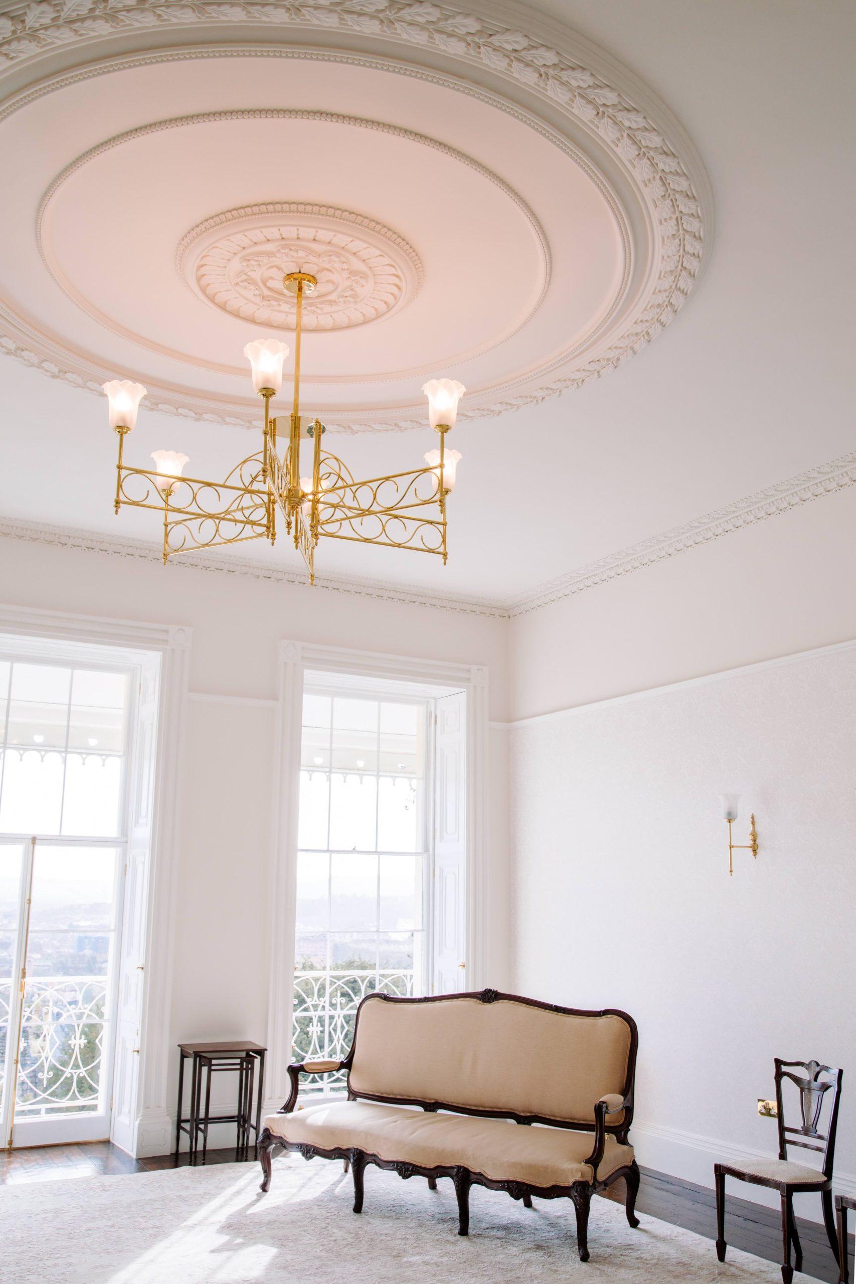 Stone carved floral swag on classical garden building