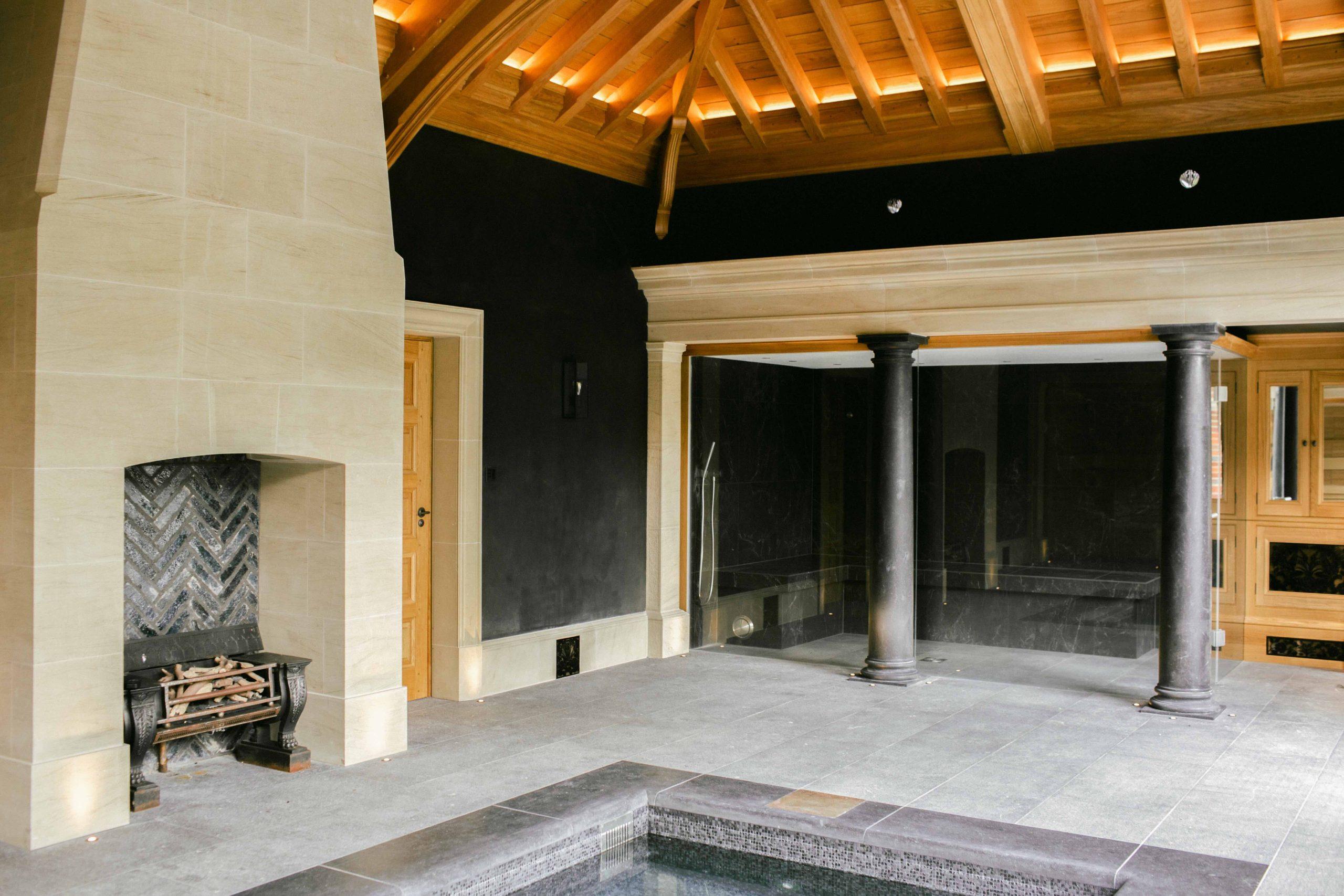 Arts and Crafts garden building with pool