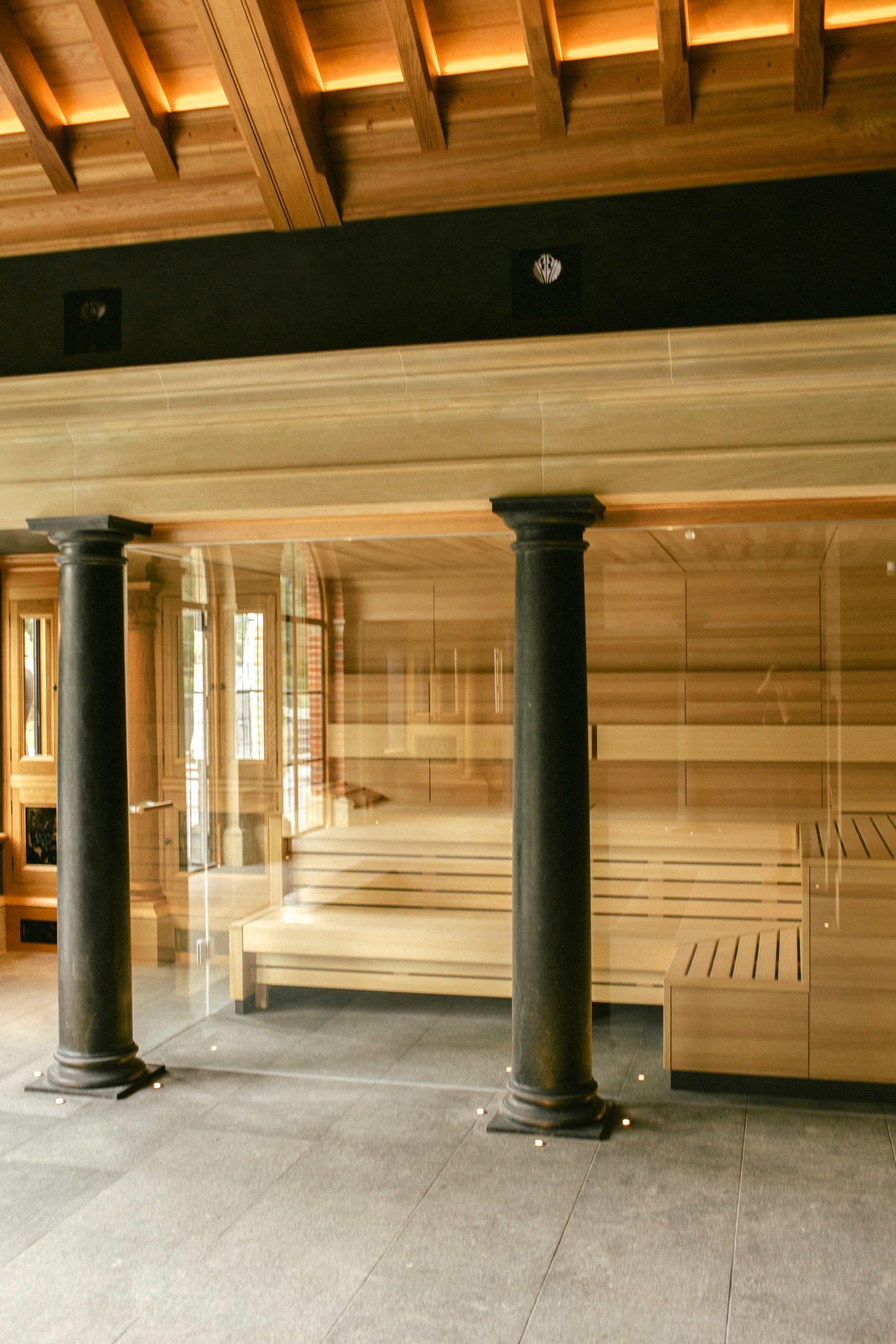 Arts and Crafts garden building with pool